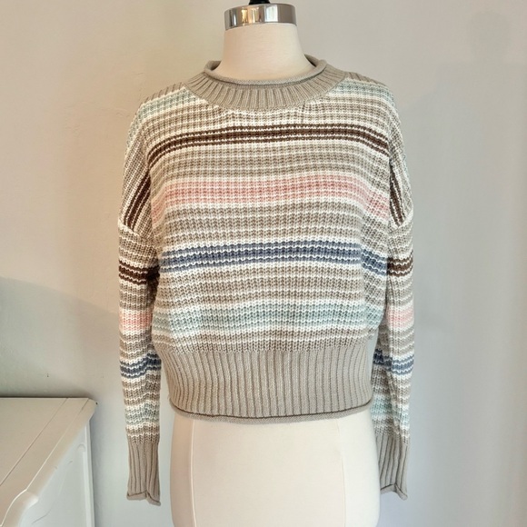 Beige Multi Color Stripe Open Knit Sweater, Medium - Picture 1 of 10